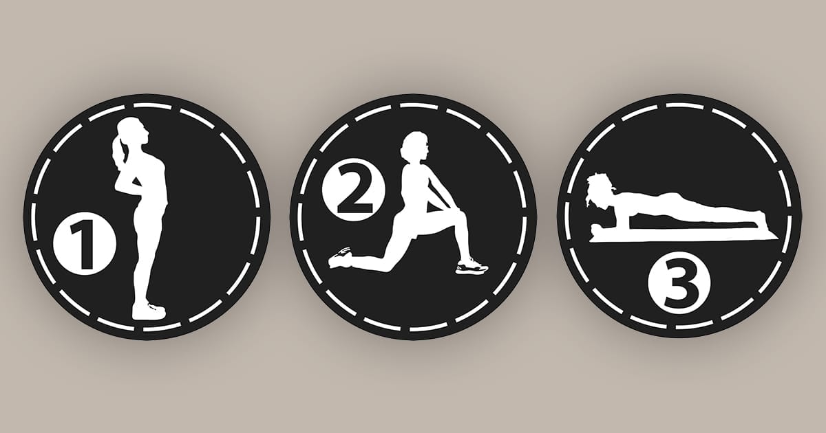 Three diagrams showing physiotherapy exercises to combat the problems from sitting too long